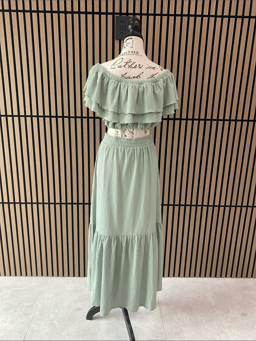 Almost Famous Sage Green Tiered Off-Shoulder Maxi Set - Picture 4 of 4